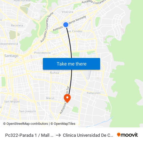 Pc322-Parada 1 / Mall Parque Arauco to Clinica Universidad De Chile Paseo Quilin map