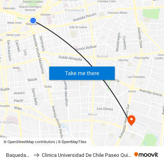 Baquedano to Clinica Universidad De Chile Paseo Quilin map