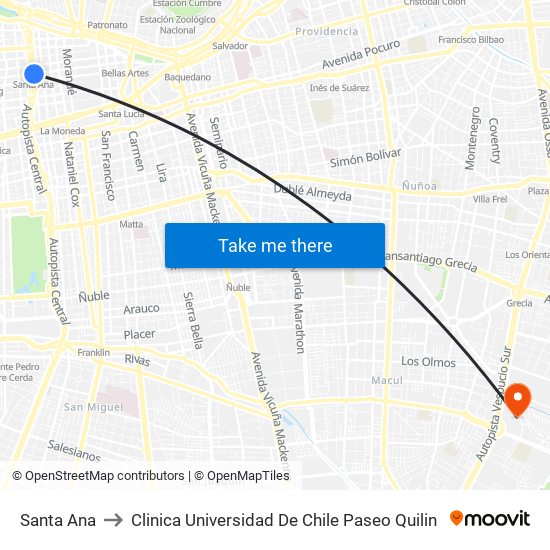 Santa Ana to Clinica Universidad De Chile Paseo Quilin map