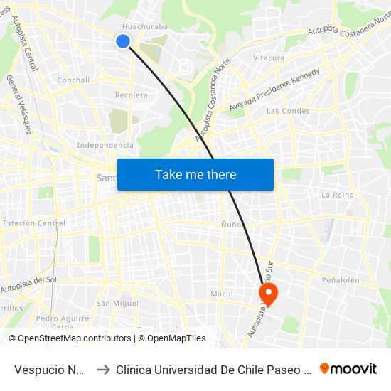 Vespucio Norte to Clinica Universidad De Chile Paseo Quilin map