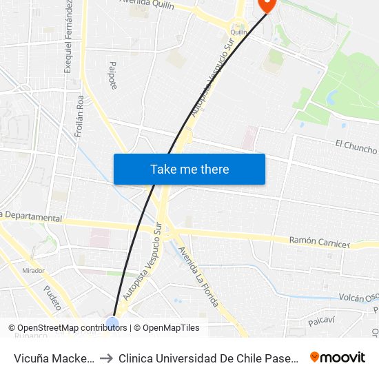 Vicuña Mackenna to Clinica Universidad De Chile Paseo Quilin map