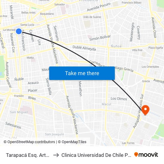 Tarapacá Esq. Arturo Prat to Clinica Universidad De Chile Paseo Quilin map
