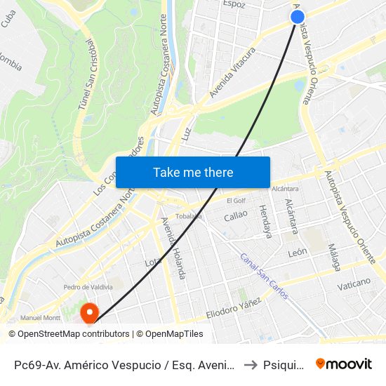 Pc69-Av. Américo Vespucio / Esq. Avenida Vitacura to Psiquiatría map