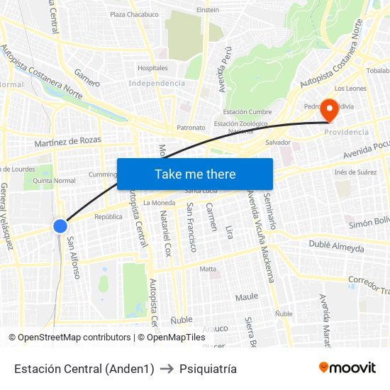 Estación Central (Anden1) to Psiquiatría map