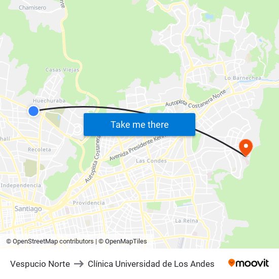 Vespucio Norte to Clínica Universidad de Los Andes map