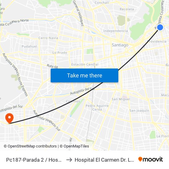 Pc187-Parada 2 / Hospital Metropolitano to Hospital El Carmen Dr. Luis Valentín Ferrada map