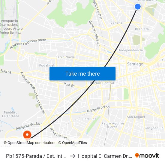 Pb1575-Parada / Est. Intermodal Vespucio Norte to Hospital El Carmen Dr. Luis Valentín Ferrada map