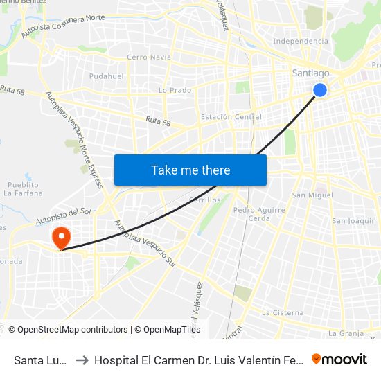 Santa Lucía to Hospital El Carmen Dr. Luis Valentín Ferrada map