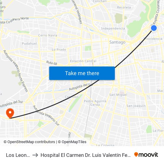 Los Leones to Hospital El Carmen Dr. Luis Valentín Ferrada map