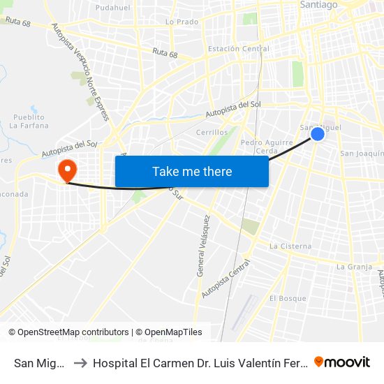 San Miguel to Hospital El Carmen Dr. Luis Valentín Ferrada map