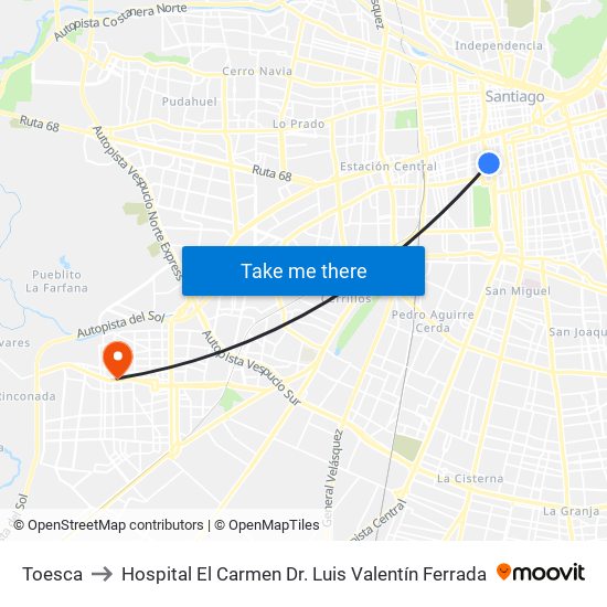 Toesca to Hospital El Carmen Dr. Luis Valentín Ferrada map