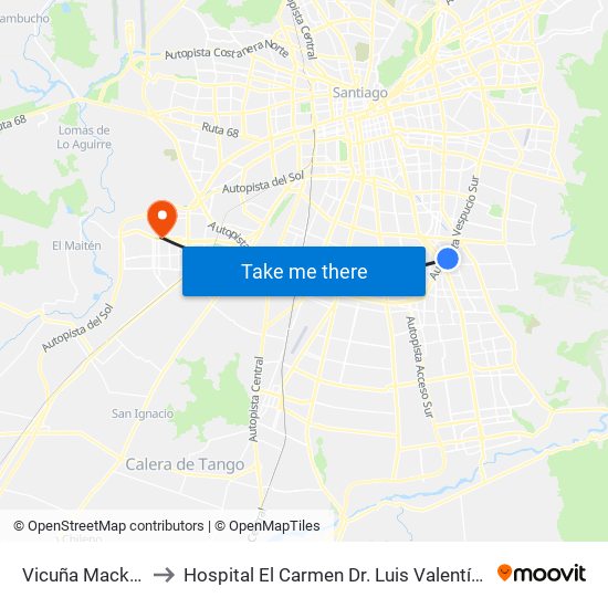 Vicuña Mackenna to Hospital El Carmen Dr. Luis Valentín Ferrada map