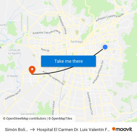 Simón Bolivar to Hospital El Carmen Dr. Luis Valentín Ferrada map