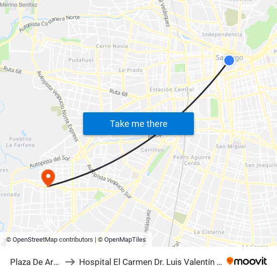 Plaza De Armas to Hospital El Carmen Dr. Luis Valentín Ferrada map