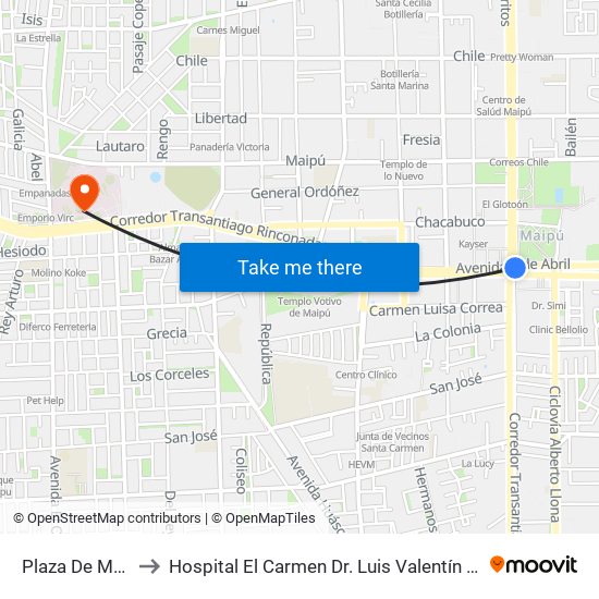 Plaza De Maipú to Hospital El Carmen Dr. Luis Valentín Ferrada map