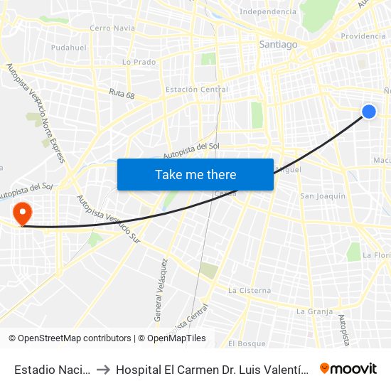 Estadio Nacional to Hospital El Carmen Dr. Luis Valentín Ferrada map