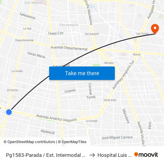 Pg1583-Parada / Est. Intermodal La Cisterna to Hospital Luis Tisné map