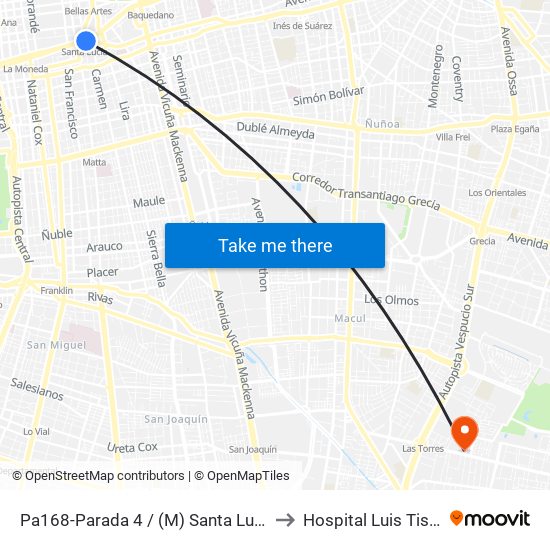 Pa168-Parada 4 / (M) Santa Lucía to Hospital Luis Tisné map