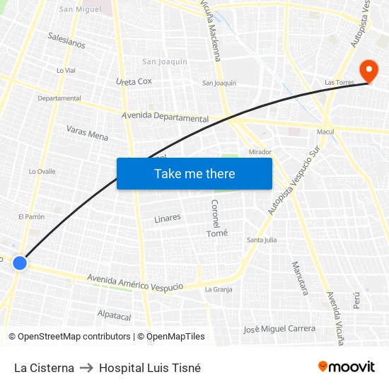 La Cisterna to Hospital Luis Tisné map