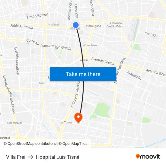 Villa Frei to Hospital Luis Tisné map
