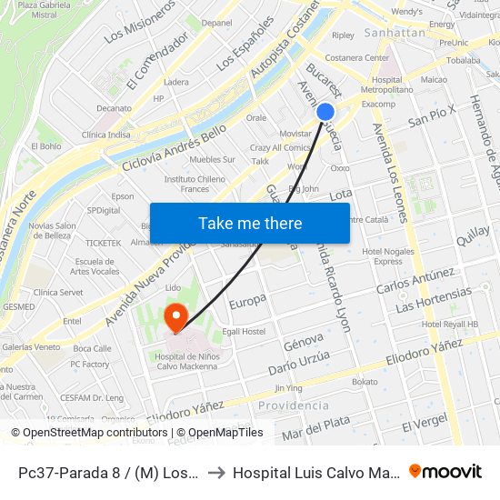 Pc37-Parada 8 / (M) Los Leones to Hospital Luis Calvo Mackenna map