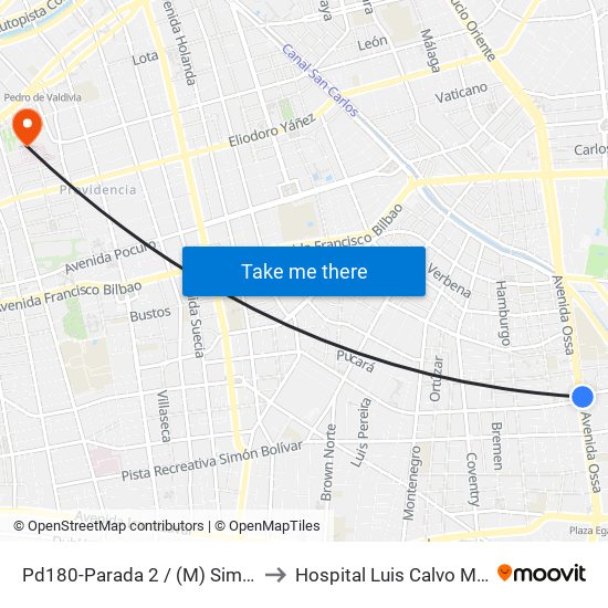 Pd180-Parada 2 / (M) Simón Bolívar to Hospital Luis Calvo Mackenna map