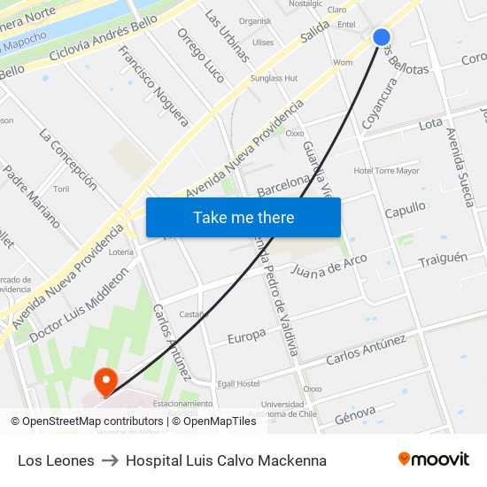 Los Leones to Hospital Luis Calvo Mackenna map