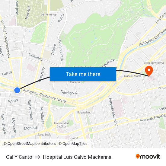 Cal Y Canto to Hospital Luis Calvo Mackenna map