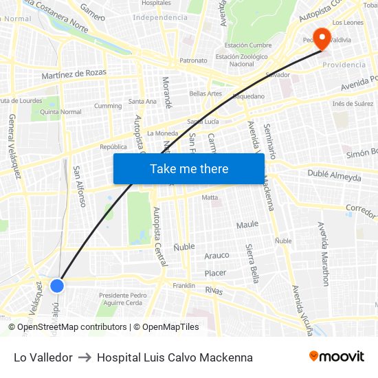 Lo Valledor to Hospital Luis Calvo Mackenna map