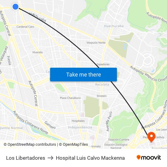 Los Libertadores to Hospital Luis Calvo Mackenna map