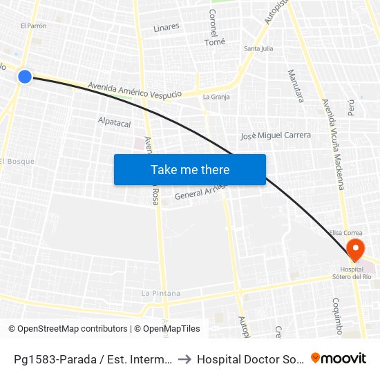 Pg1583-Parada / Est. Intermodal La Cisterna to Hospital Doctor Sotero Del Rio map