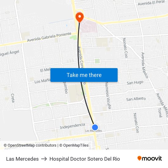 Las Mercedes to Hospital Doctor Sotero Del Rio map