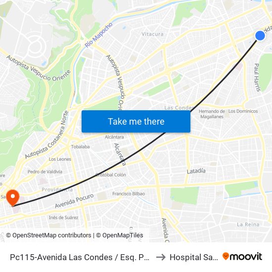 Pc115-Avenida Las Condes / Esq. Psje. Las Condes to Hospital Salvador map