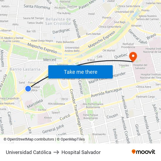 Universidad Católica to Hospital Salvador map