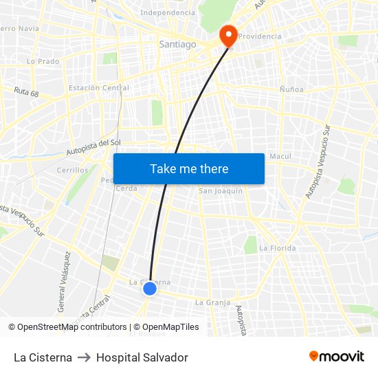 La Cisterna to Hospital Salvador map