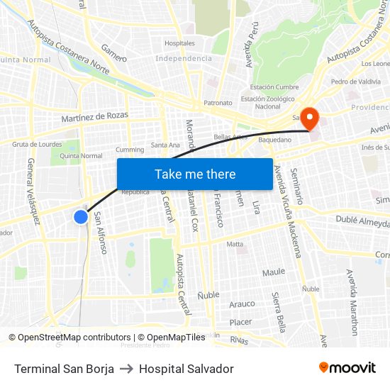 Terminal San Borja to Hospital Salvador map