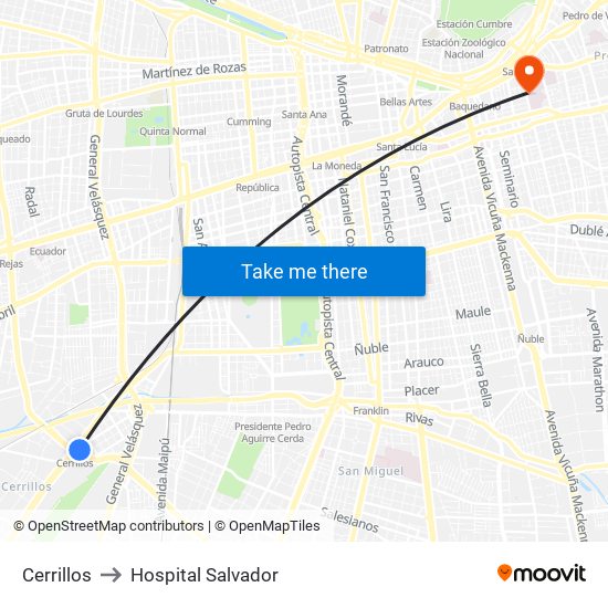 Cerrillos to Hospital Salvador map