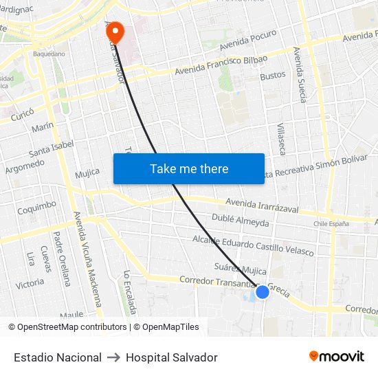 Estadio Nacional to Hospital Salvador map