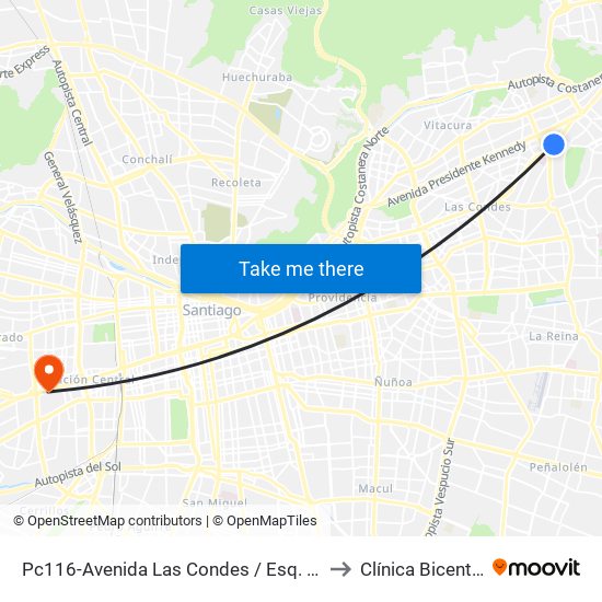Pc116-Avenida Las Condes / Esq. G. Fuenzalida to Clínica Bicentenario map
