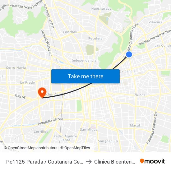 Pc1125-Parada / Costanera Center to Clínica Bicentenario map