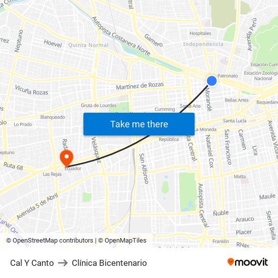 Cal Y Canto to Clínica Bicentenario map