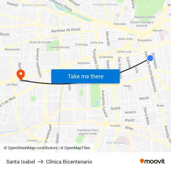 Santa Isabel to Clínica Bicentenario map