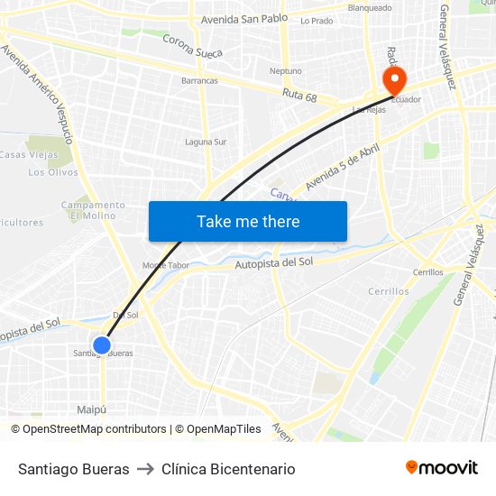 Santiago Bueras to Clínica Bicentenario map