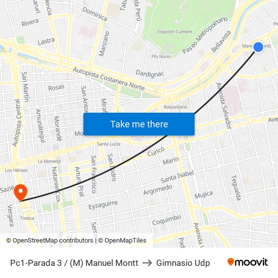 Pc1-Parada 3 / (M) Manuel Montt to Gimnasio Udp map