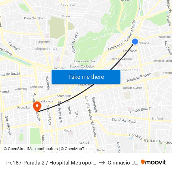 Pc187-Parada 2 / Hospital Metropolitano to Gimnasio Udp map