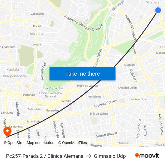 Pc257-Parada 2 / Clínica Alemana to Gimnasio Udp map