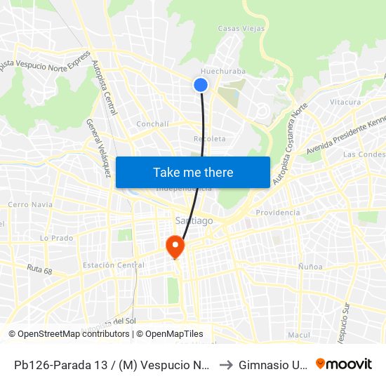 Pb126-Parada 13 / (M) Vespucio Norte to Gimnasio Udp map