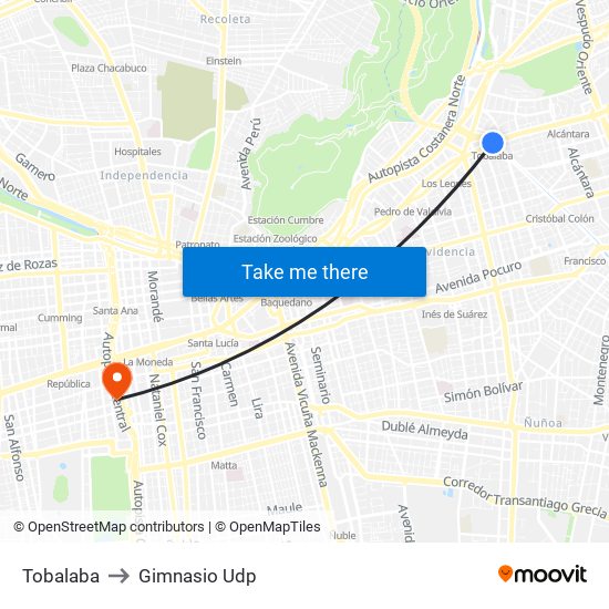 Tobalaba to Gimnasio Udp map