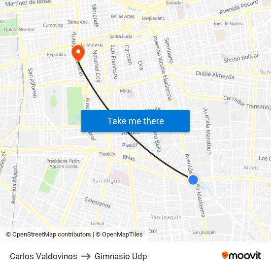 Carlos Valdovinos to Gimnasio Udp map