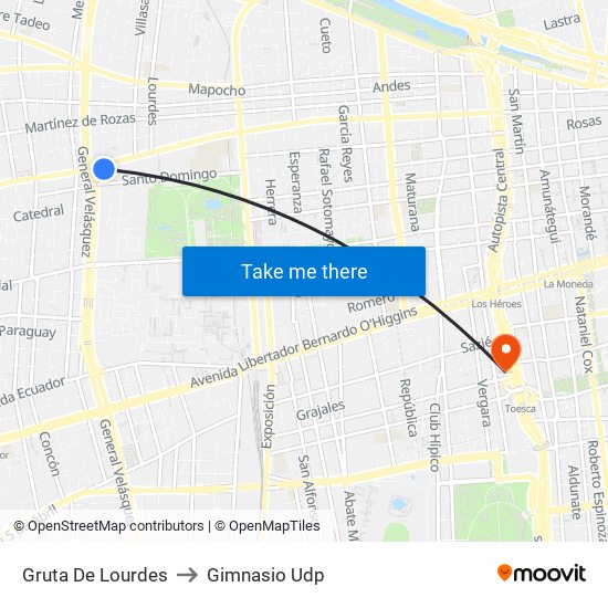 Gruta De Lourdes to Gimnasio Udp map